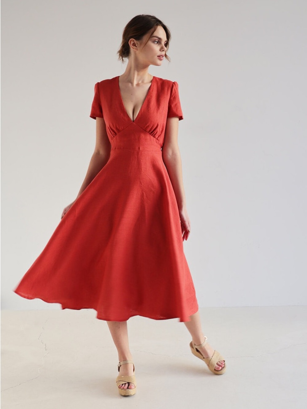 NWT Linen Handmade Studio Deep V Neck Dress